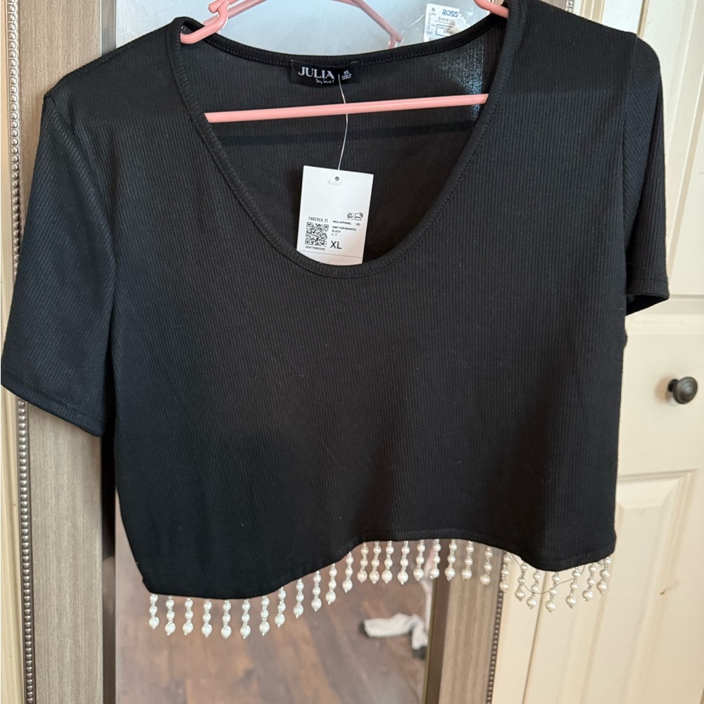 Black Beaded Hem Crop Top